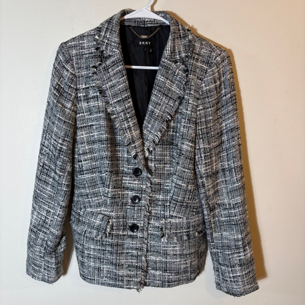 DKNY Tweed Blazer Fringed Jacket Career Business Black Gray‎ White Size 8